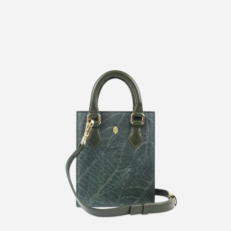Front Forest Green Leaf pattern Ivy Mini Crossbody Tote Bag by Thamon