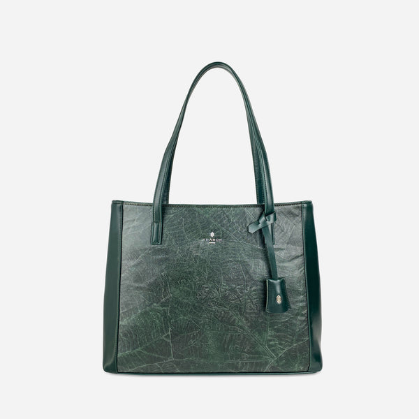 Front Forest Green Leaves Tote Bag by Thamon
