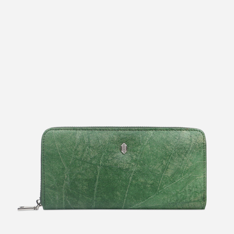 Forest Green Leaf Pattern Zip Around Wallet by Thamon