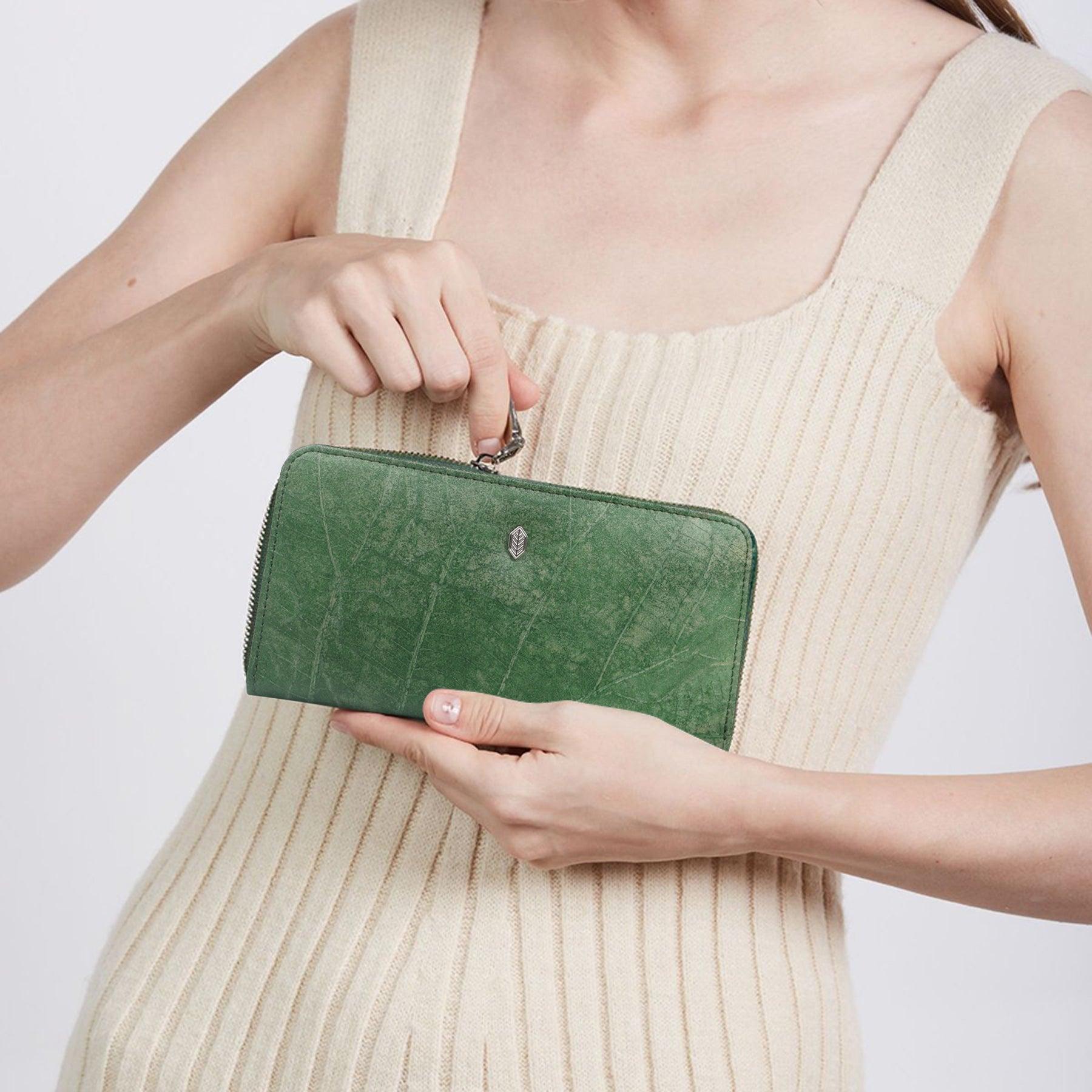Forest Green Leaf Pattern Zip Around Wallet by Thamon
