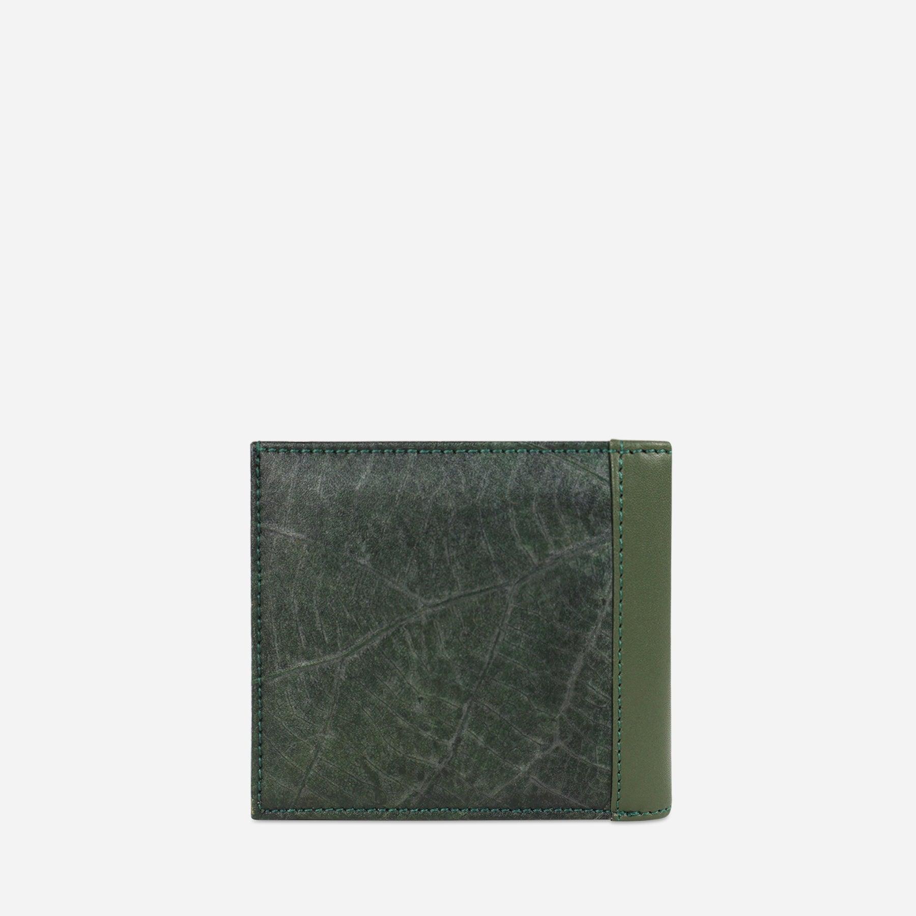 Back view of Thamon Forest Green Leaf Bifold Card Wallet made from real leaves and microfiber