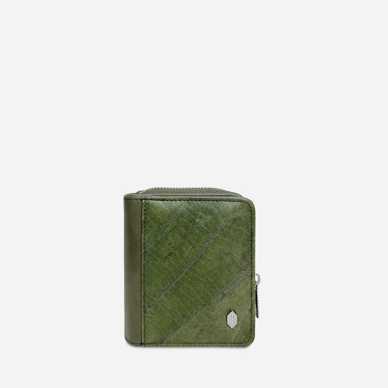 Front view of a Thamon forest green leaf leather compact zip-around wallet with a leaf vein texture and brand emblem.