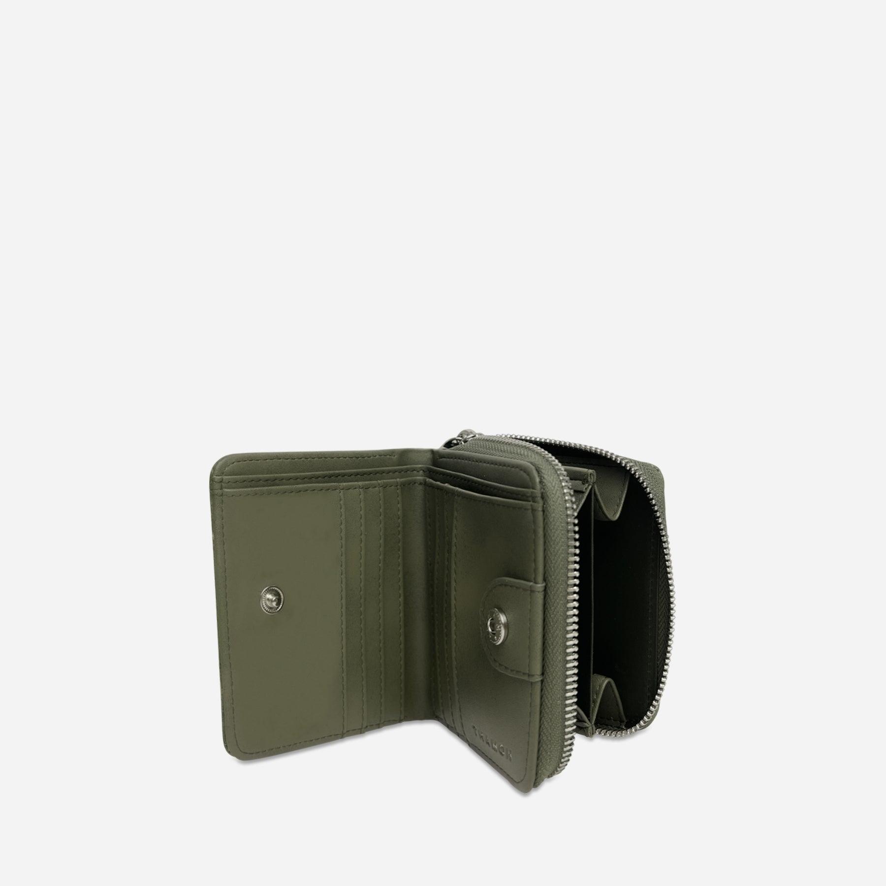 Open Thamon forest green leaf leather wallet featuring multiple card slots, two cash sections and zippered coin pocket divided into two sections.