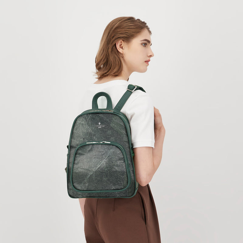 Forest Green Leaf Pattern Vegan Backpack by Thamon