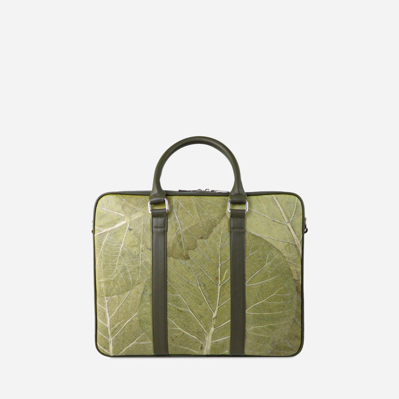 A back viewed of Eco-friendly Cambridge briefcase by Thamon with leaf-patterned olive leather and sturdy handles.