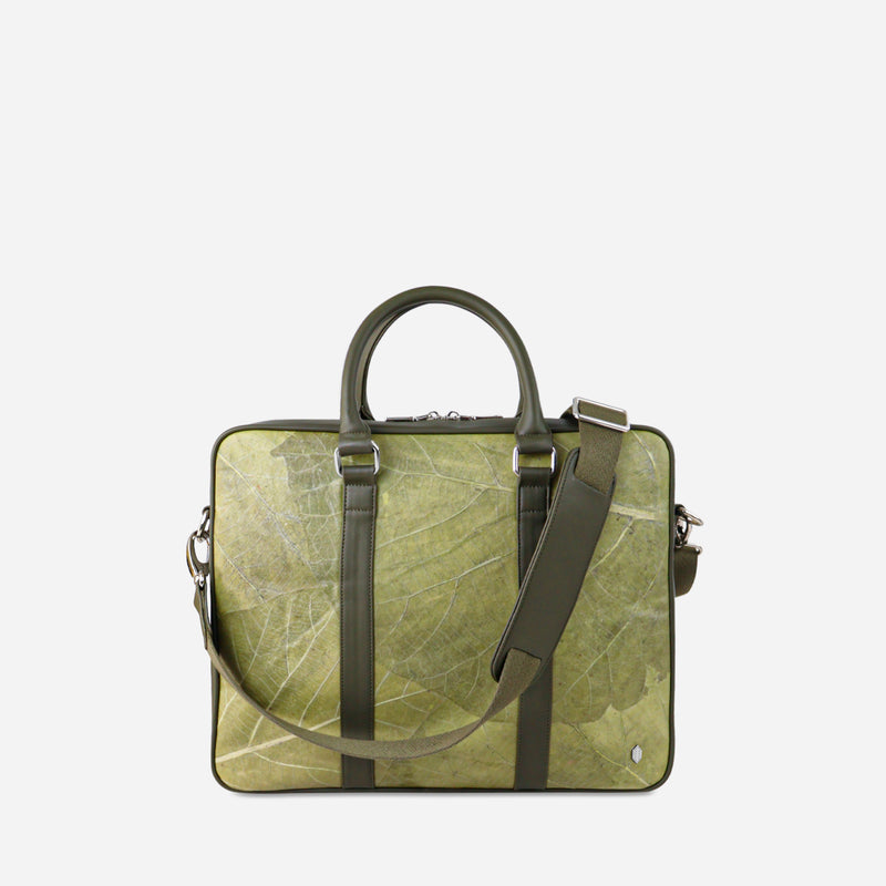 A Cambridge briefcase made from leaf leather, featuring an olive leaf texture. The briefcase has a structured design with a flat base, two top handles, and a detachable, adjustable shoulder strap in coordinating olive color. It's showcased against a white background.