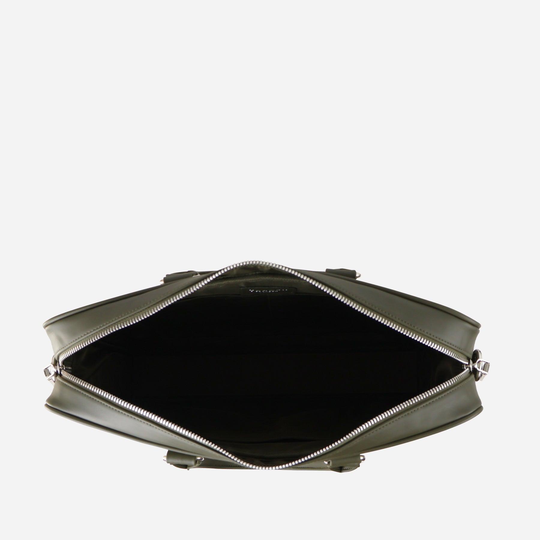 Top view of Thamon's olive leaf leather briefcase, open to show Khaki green interior, with silver zippers.