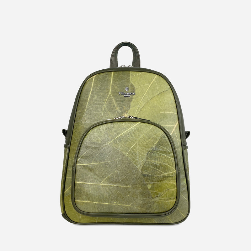 Front Olive Green Leaf Pattern Vegan Backpack by Thamon