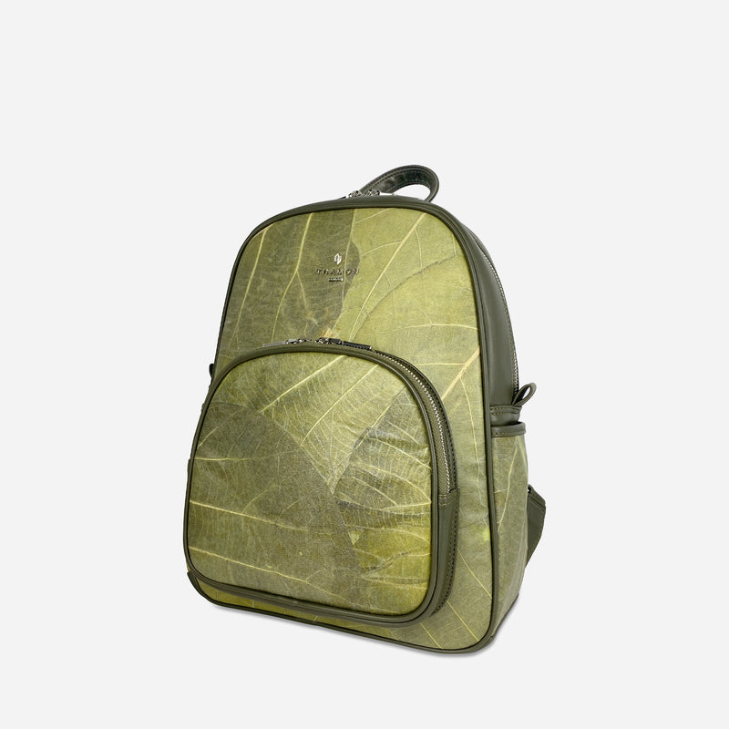 Side Olive Green Leaf Pattern Vegan Backpack by Thamon