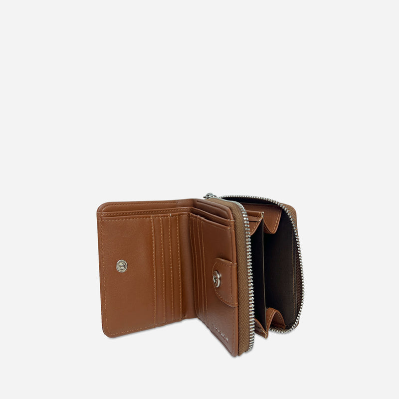 Open view of a Thamon spice brown leaf leather wallet with multiple card sections, two cash compartments, and a zippered section with two internal coin pockets.