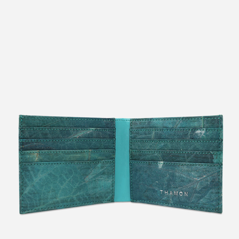 Open Turquoise Leaf Bifold Card Wallet made from Micro Fiber by Thamon