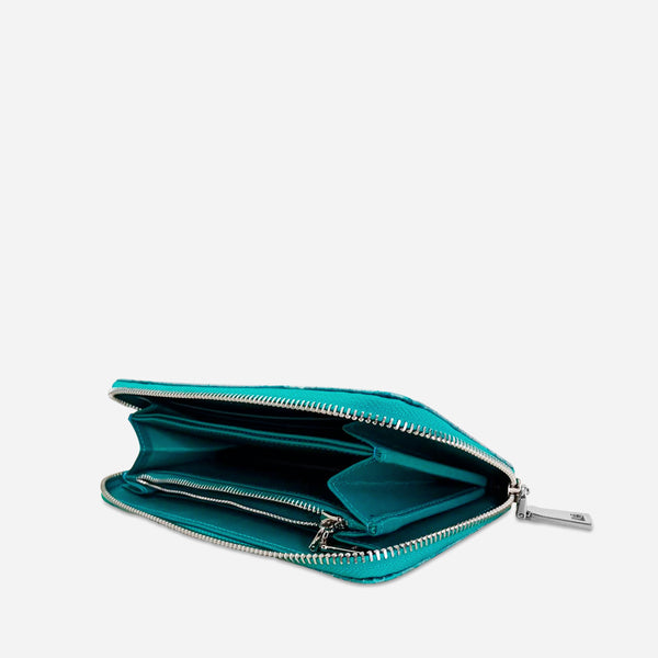 Inner  Turquoise Leaf Pattern Zip Around Wallet by Thamon