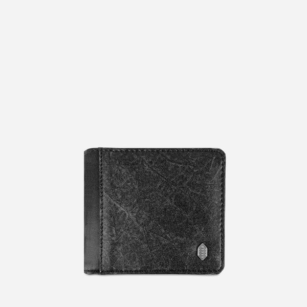Front view of the Black Vegan Men's Coin Wallet by Thamon with a leaf leather texture and minimalist design