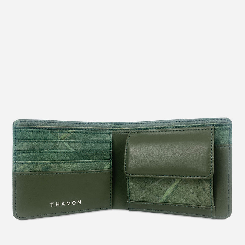 Open view of the Forest Vegan Leather Men's Coin Wallet by Thamon, showing the coin compartment and card slots.