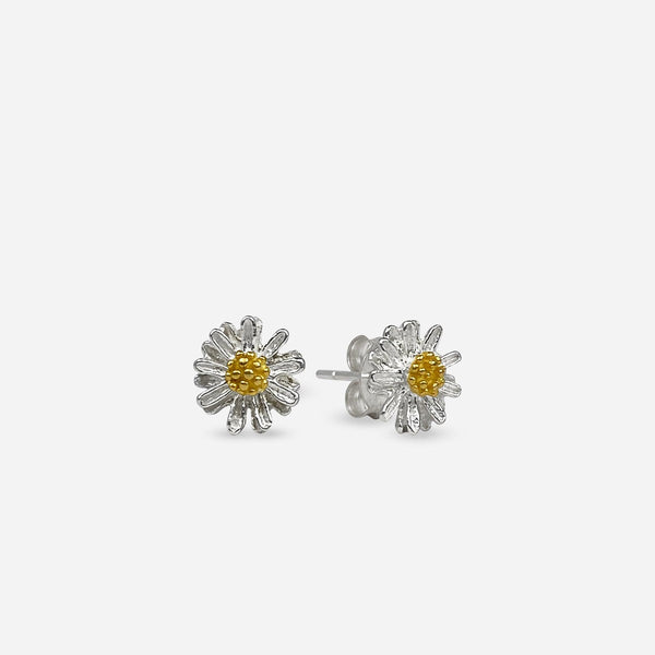 Silver Daisy Flower Stud Earrings - Front View